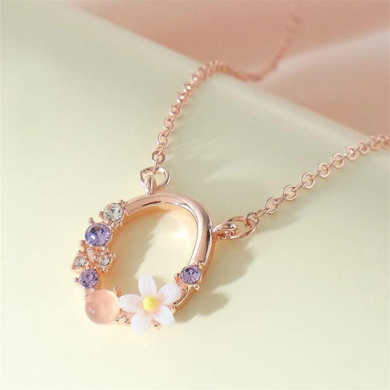 Chic Crystal Opal Inlaid Floral Alphabet Monogram Letter Necklace