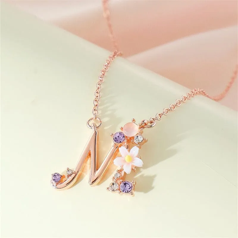 Chic Crystal Opal Inlaid Floral Alphabet Monogram Letter Necklace