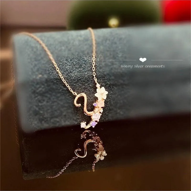 Chic Crystal Opal Inlaid Floral Alphabet Monogram Letter Necklace