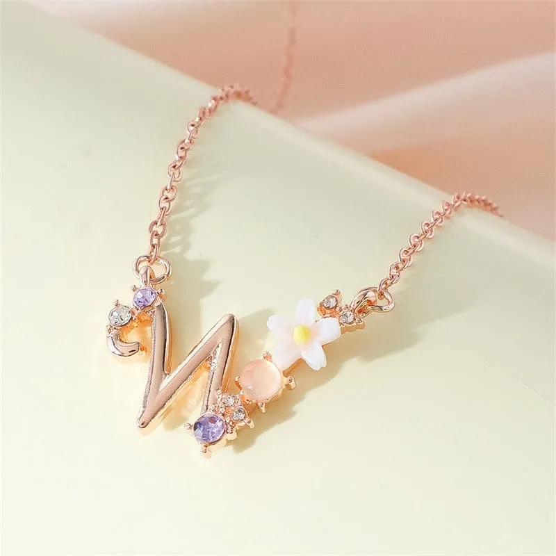 Chic Crystal Opal Inlaid Floral Alphabet Monogram Letter Necklace