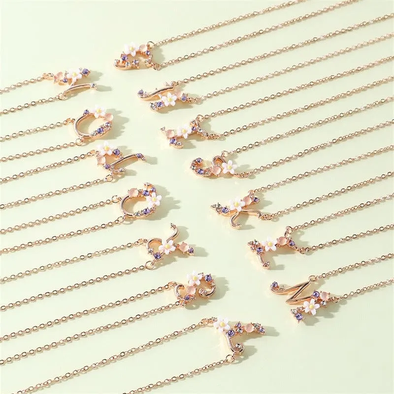 Chic Crystal Opal Inlaid Floral Alphabet Monogram Letter Necklace