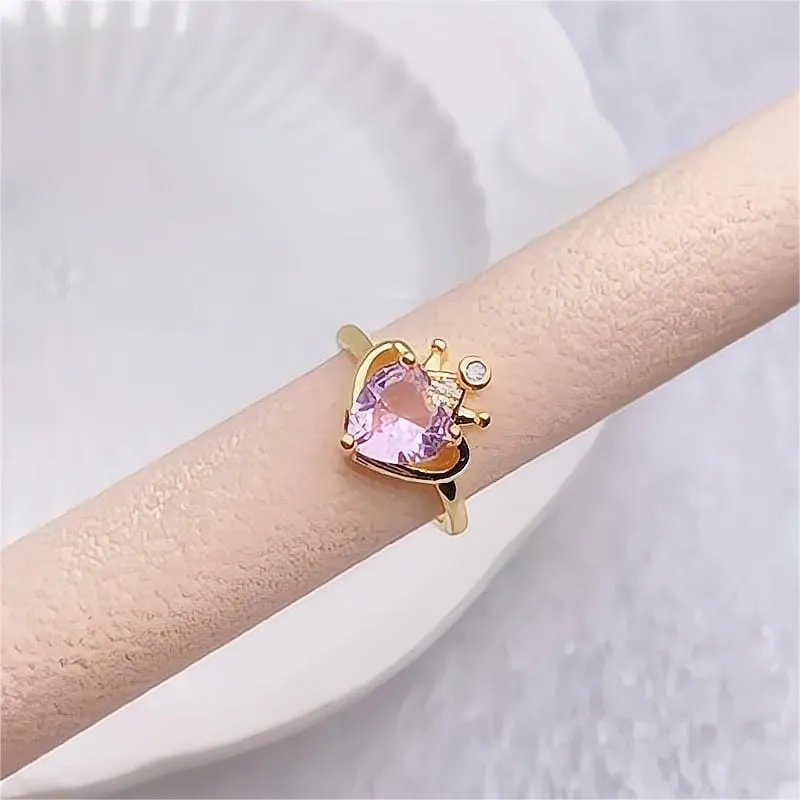 Chic CZ Inlaid Crown Heart Open Ring