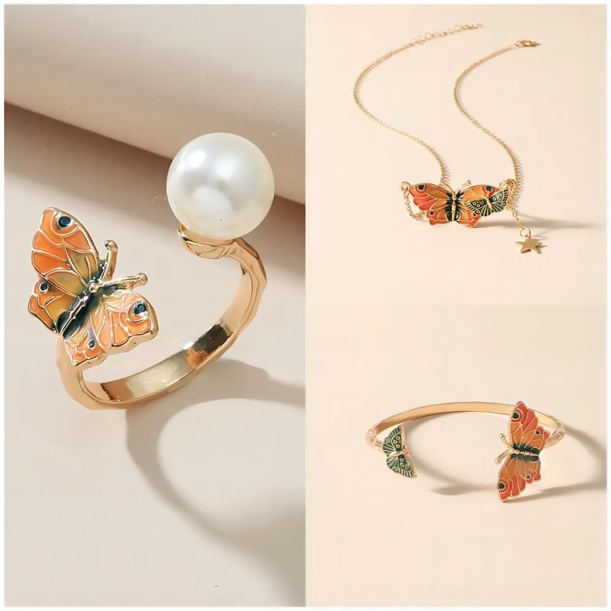 Chic Enamel Butterfly Necklace Bracelet Ring Set