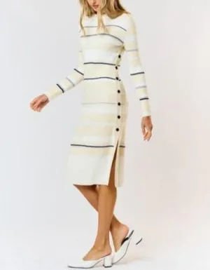 City Stripes Side Button Long Sleeve Sweater Dress