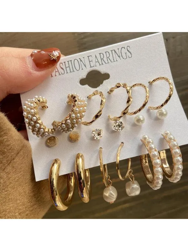 Combo of 15 Pair Pearl Crystal Studs and Hoop Earrings