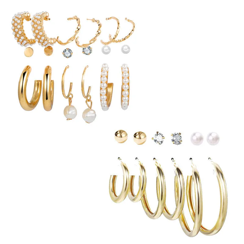 Combo of 15 Pair Pearl Crystal Studs and Hoop Earrings