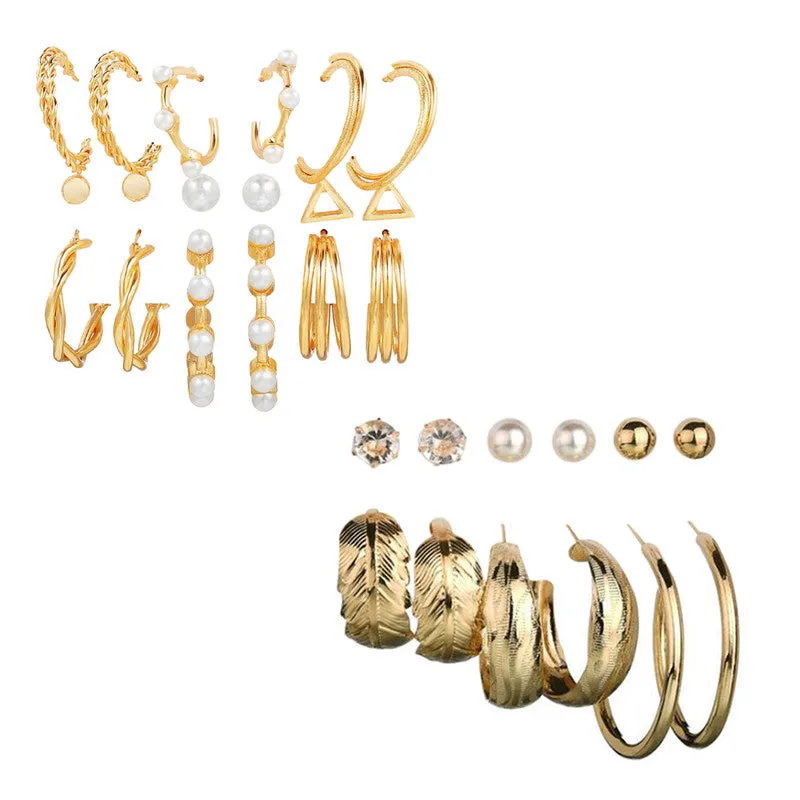 Combo of 15 Pair Pearl Studs and Leaf Hoop Earrings