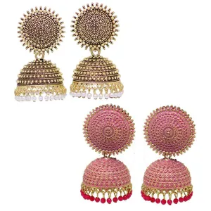 Combo of 2 Pink and Golden Pearls Dome Shape Jhumki