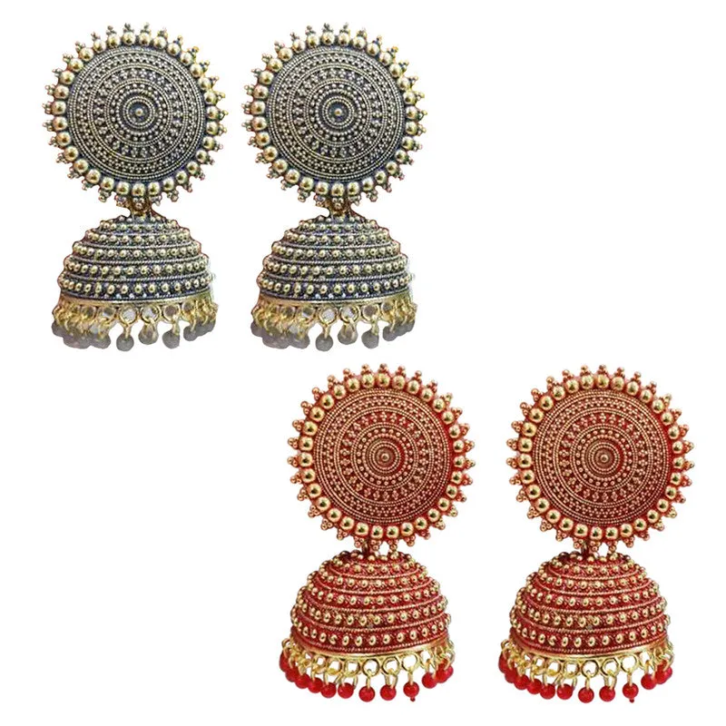 Combo of 2 Red and Grey Pearls Dome Shape Jhumki