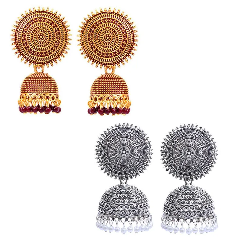 Combo of 2 Silver and Maroon Pearls Dome Shape Jhumki