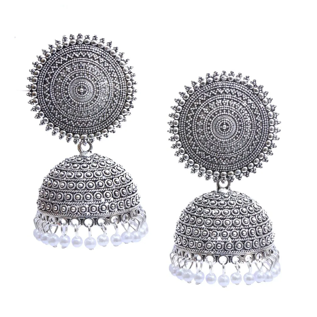 Combo of 2 Silver and Maroon Pearls Dome Shape Jhumki