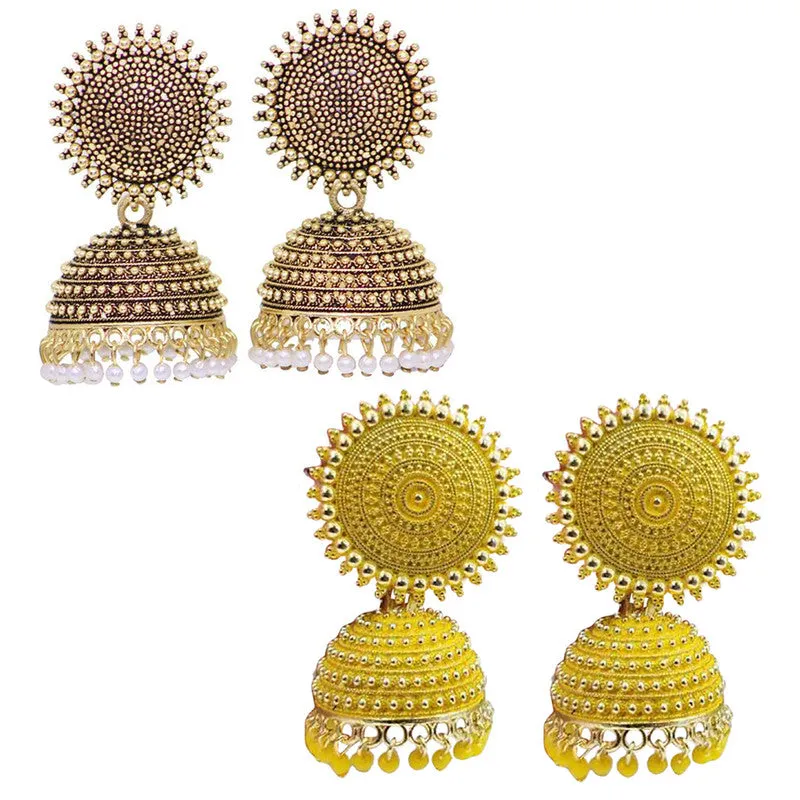 Combo of 2 Yellow and Golden Pearls Dome Shape Jhumki