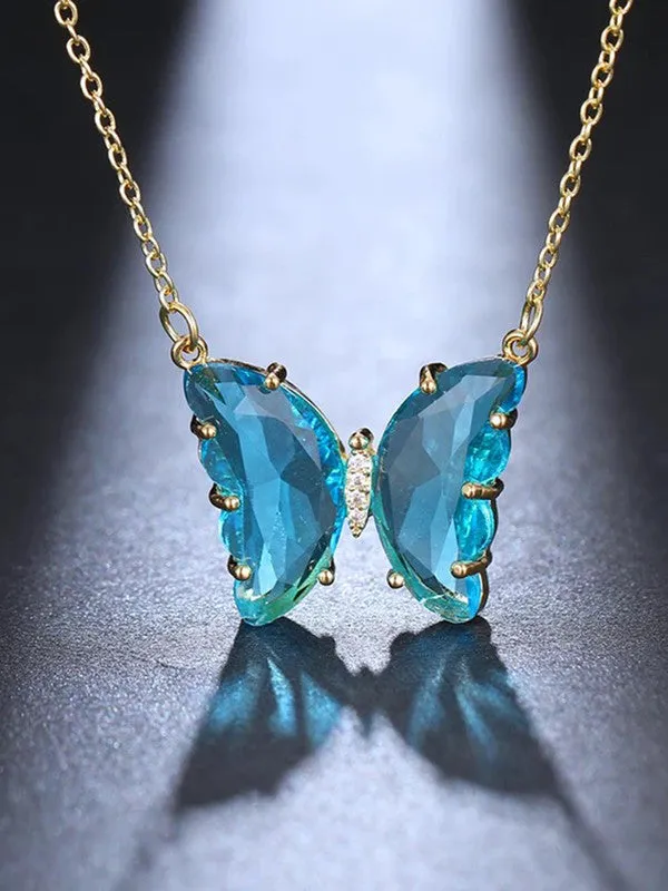 Combo of Blue Crystal Butterfly Pendant With Ring