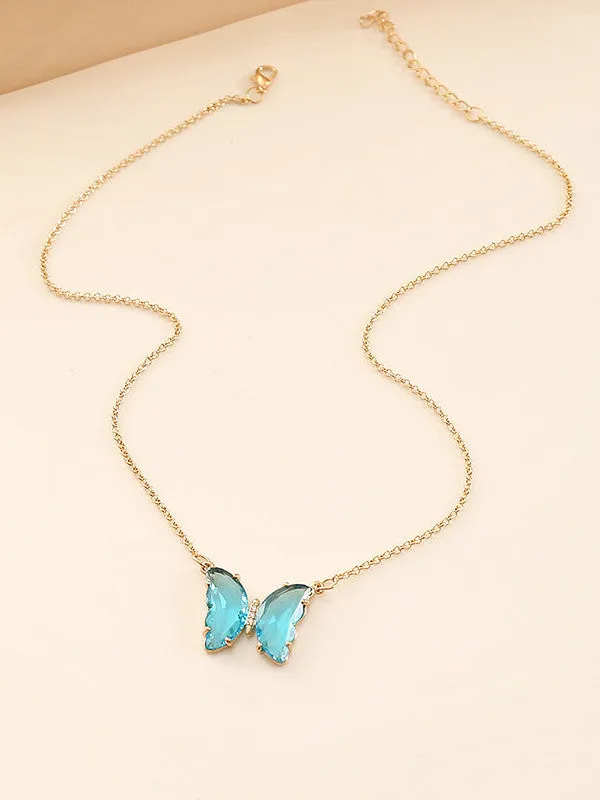 Combo of Blue Crystal Butterfly Pendant With Ring