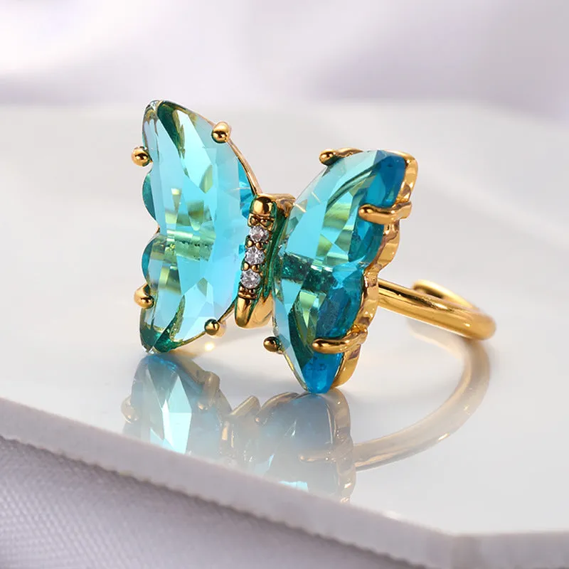 Combo of Blue Crystal Butterfly Pendant With Ring