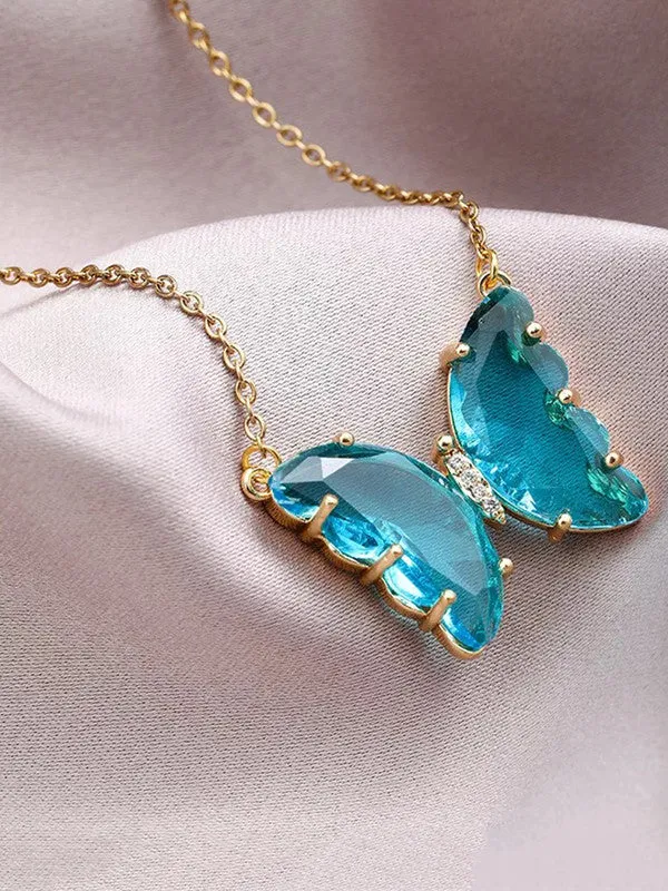 Combo of Blue Crystal Butterfly Pendant With Ring