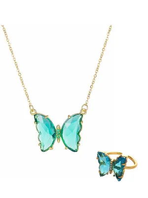Combo of Blue Crystal Butterfly Pendant With Ring