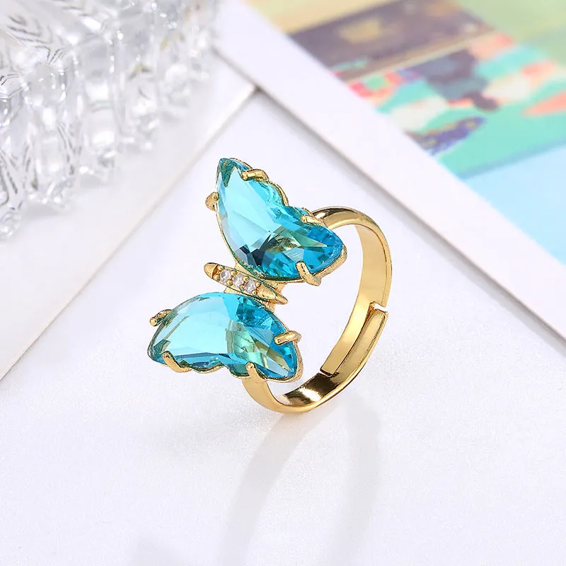 Combo of Blue Crystal Butterfly Pendant With Ring