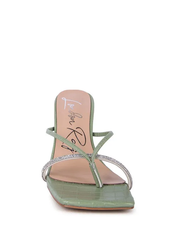 Croc Rhinestone Mid Heel Sandals