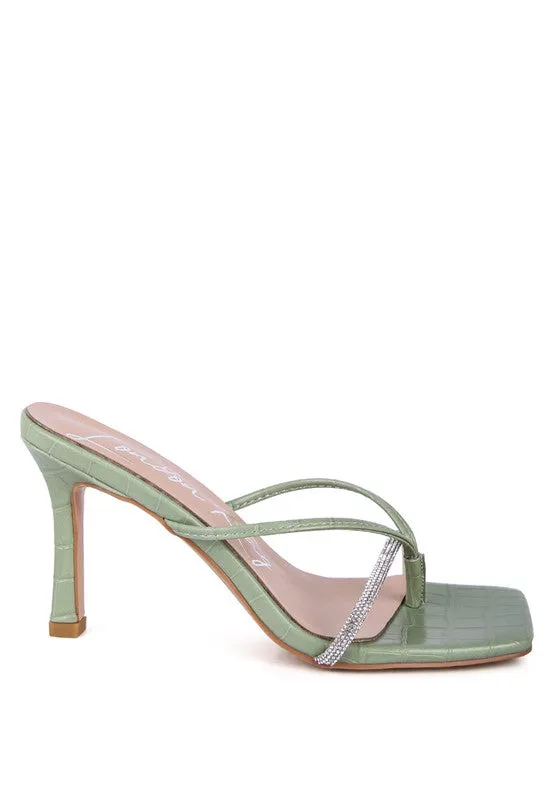 Croc Rhinestone Mid Heel Sandals