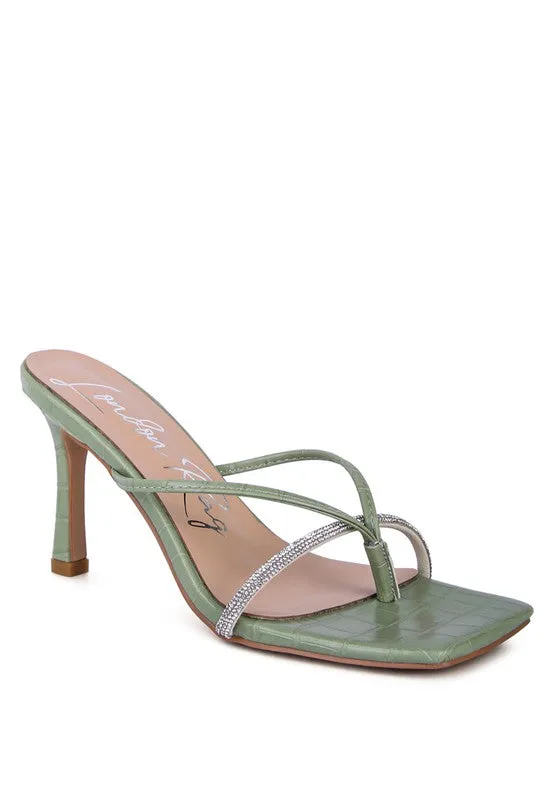 Croc Rhinestone Mid Heel Sandals