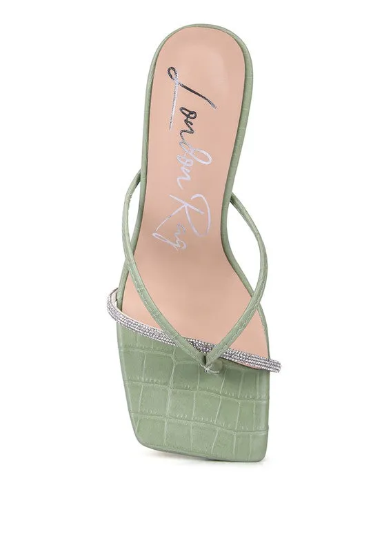 Croc Rhinestone Mid Heel Sandals