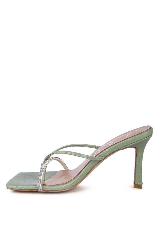 Croc Rhinestone Mid Heel Sandals