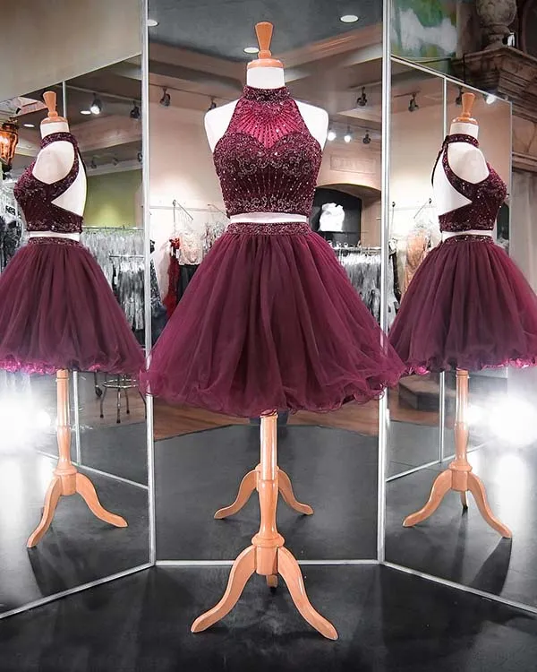 Emerald Green Two Piece Homecoming Dresses Beadings Stylish Short Tulle Prom Party Gowns 2018