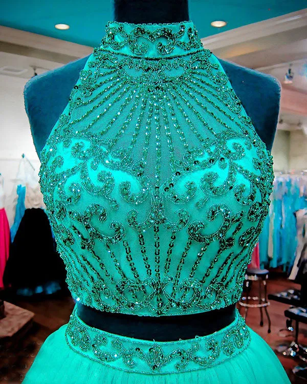 Emerald Green Two Piece Homecoming Dresses Beadings Stylish Short Tulle Prom Party Gowns 2018