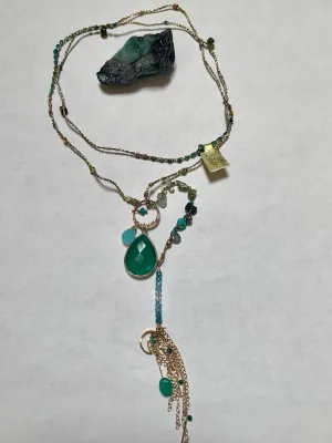 Emerald Teardrop Necklace with Gold Tassel