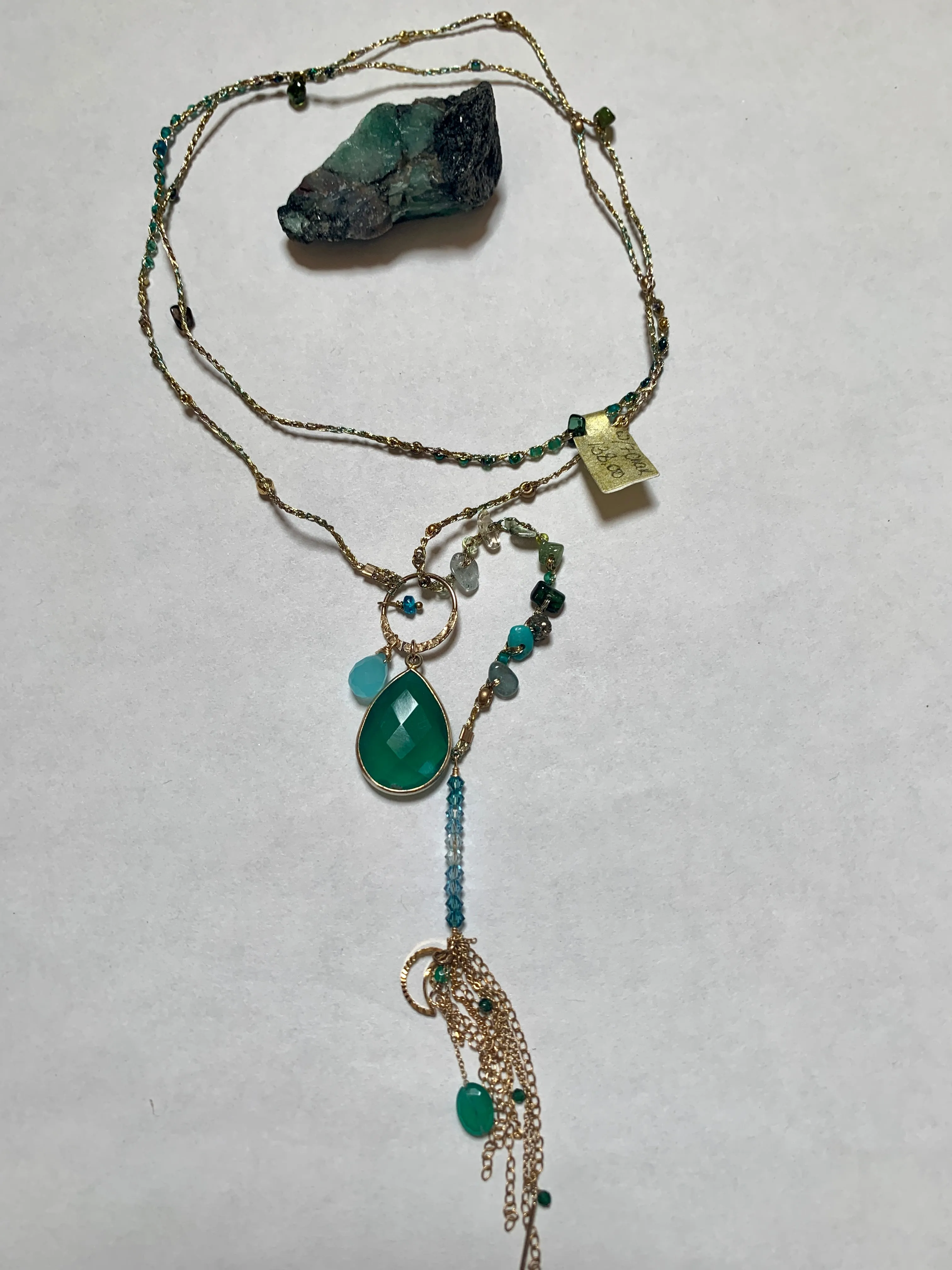Emerald Teardrop Necklace with Gold Tassel