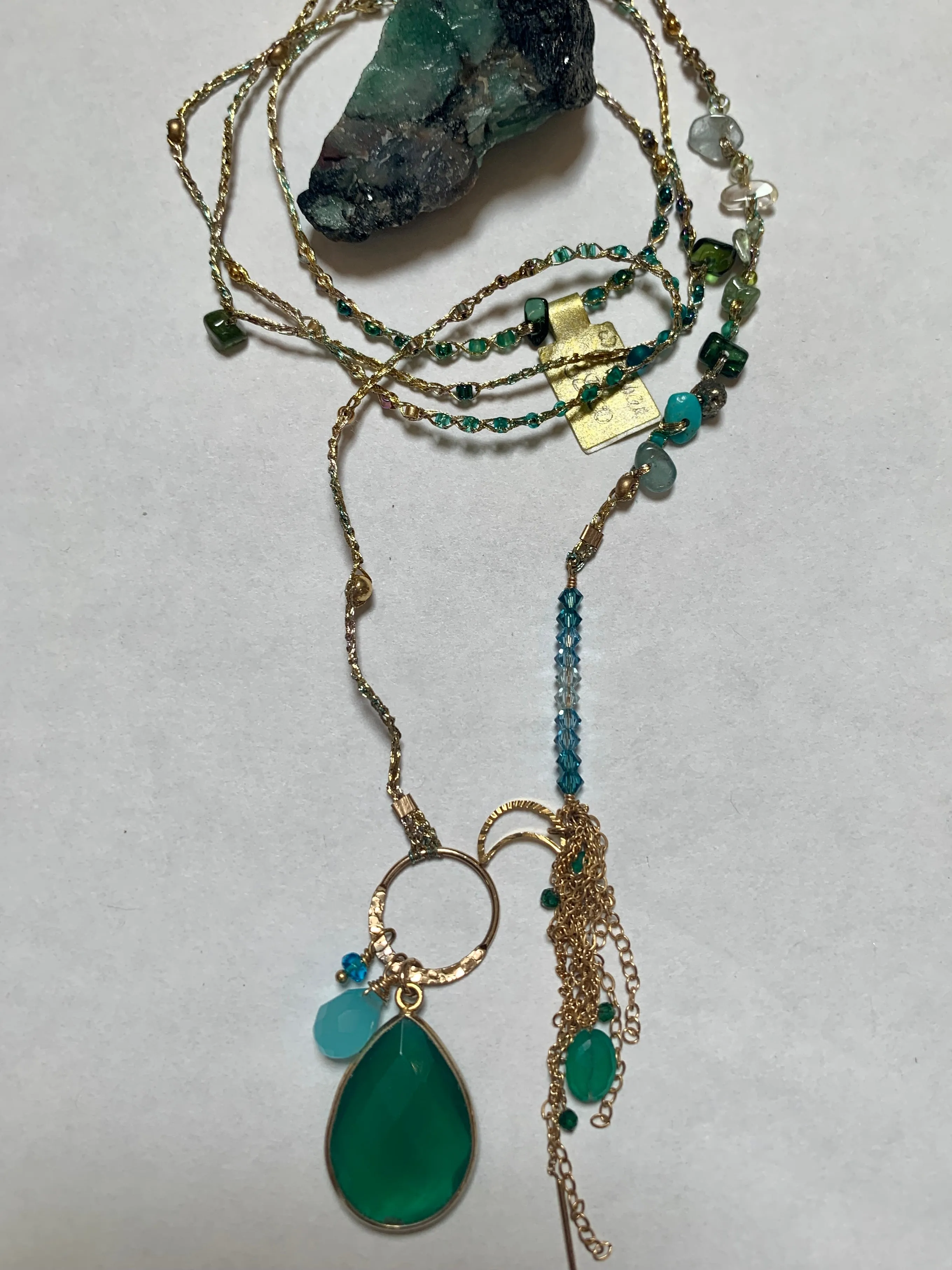 Emerald Teardrop Necklace with Gold Tassel