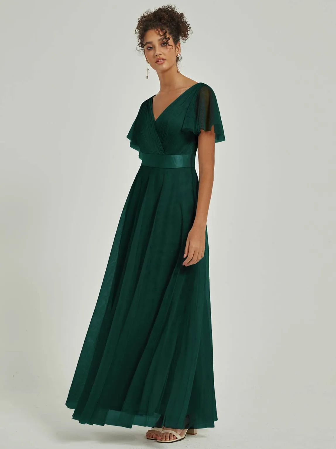 [Final Sale] Emerald Green Tulle V-Neck Ruffle Sleeves Floor Length Bridesmaid Gown