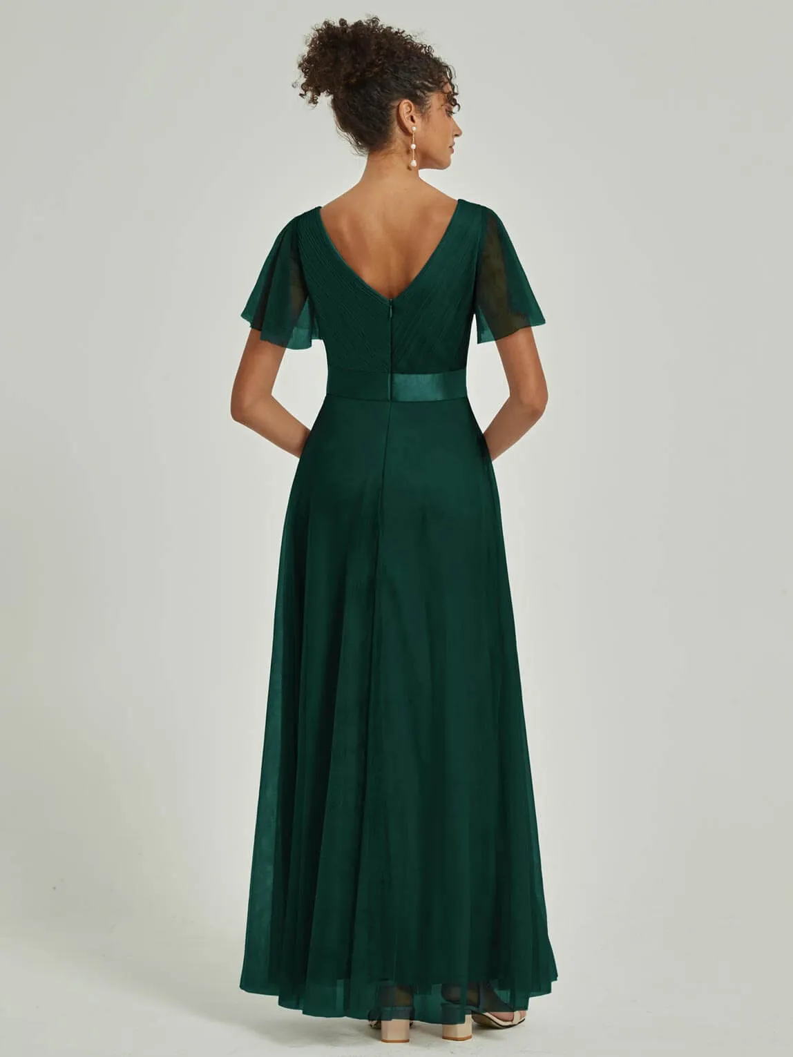 [Final Sale] Emerald Green Tulle V-Neck Ruffle Sleeves Floor Length Bridesmaid Gown
