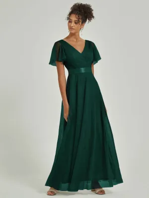 [Final Sale] Emerald Green Tulle V-Neck Ruffle Sleeves Floor Length Bridesmaid Gown