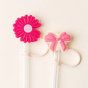 Floral & Bow Straw Topper in Bubblegum