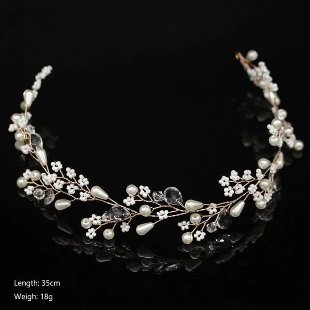 Floral Pearl Wedding Headband Wire, Bridal Wire Head Wreath, Flower Pearl Hair Vine Hairpiece