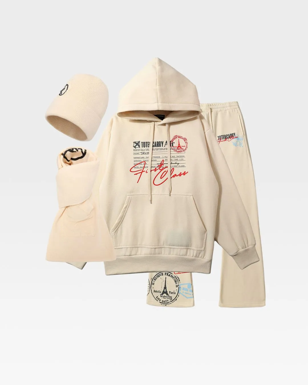 Globetrotter Tracksuit & Beanie Scarf Set in Beige