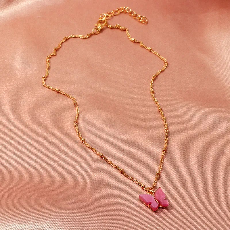 Gold Plated Dark Pink Butterfly Pendant