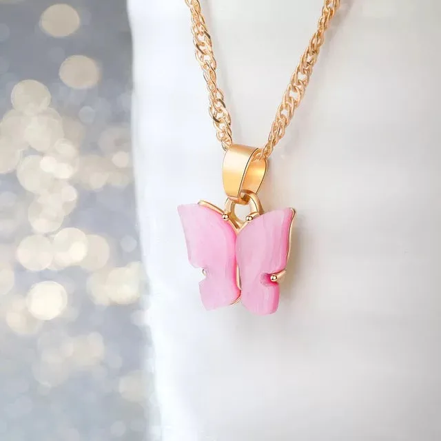 Gold Plated Dark Pink Butterfly Pendant
