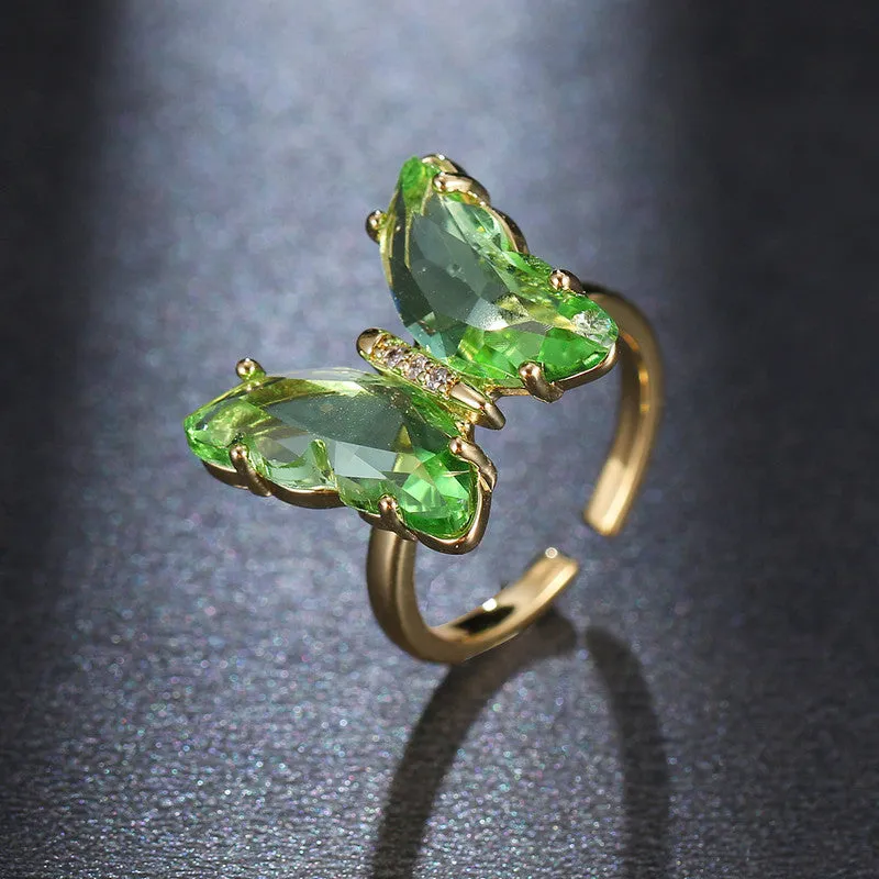 Gold Plated Green Crystal Butterfly Ring