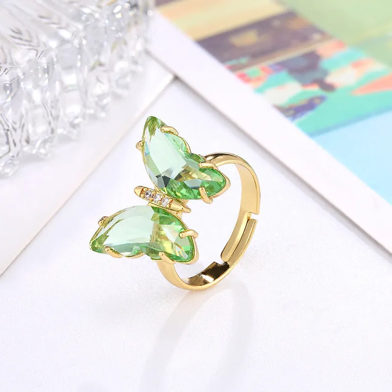 Gold Plated Green Crystal Butterfly Ring