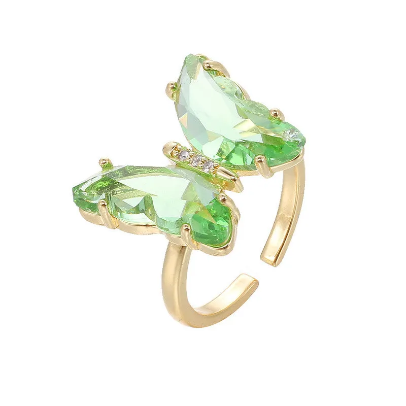 Gold Plated Green Crystal Butterfly Ring