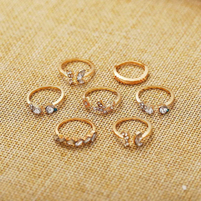 Gold Plated Seven Piece White Crystal Butterfly Ring Set