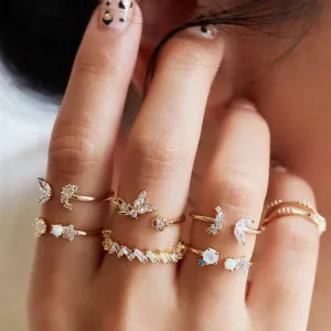 Gold Plated Seven Piece White Crystal Butterfly Ring Set