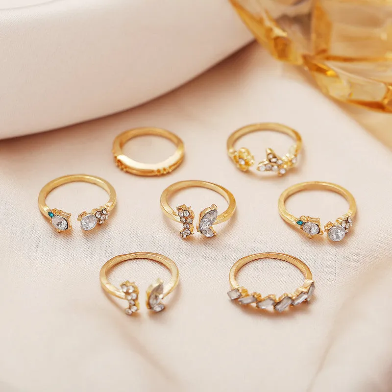 Gold Plated Seven Piece White Crystal Butterfly Ring Set