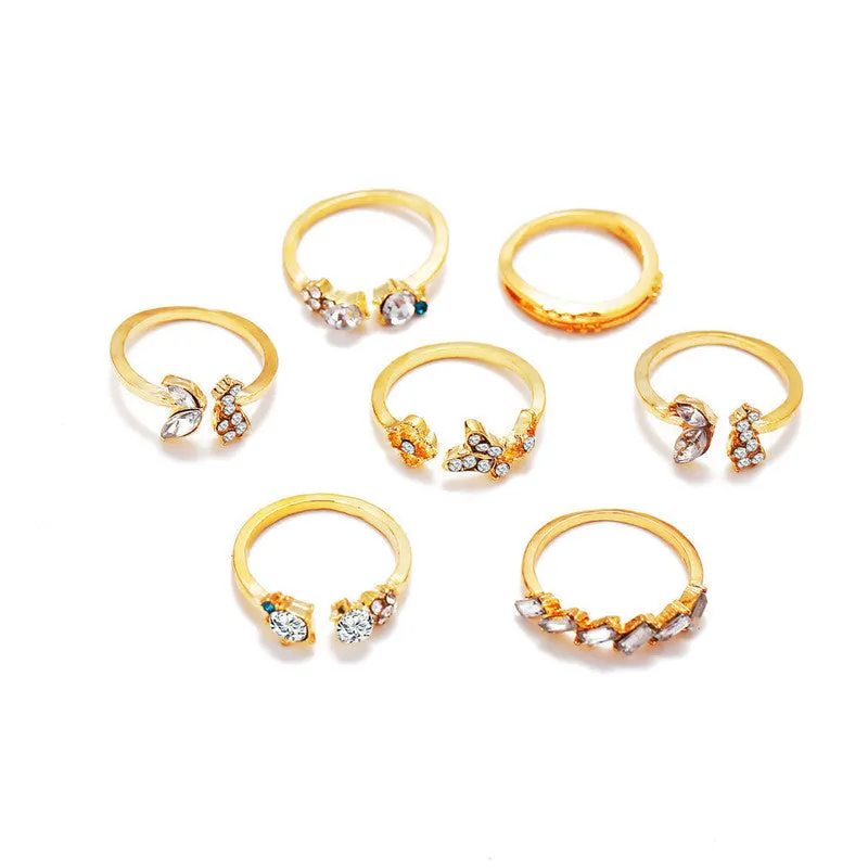 Gold Plated Seven Piece White Crystal Butterfly Ring Set