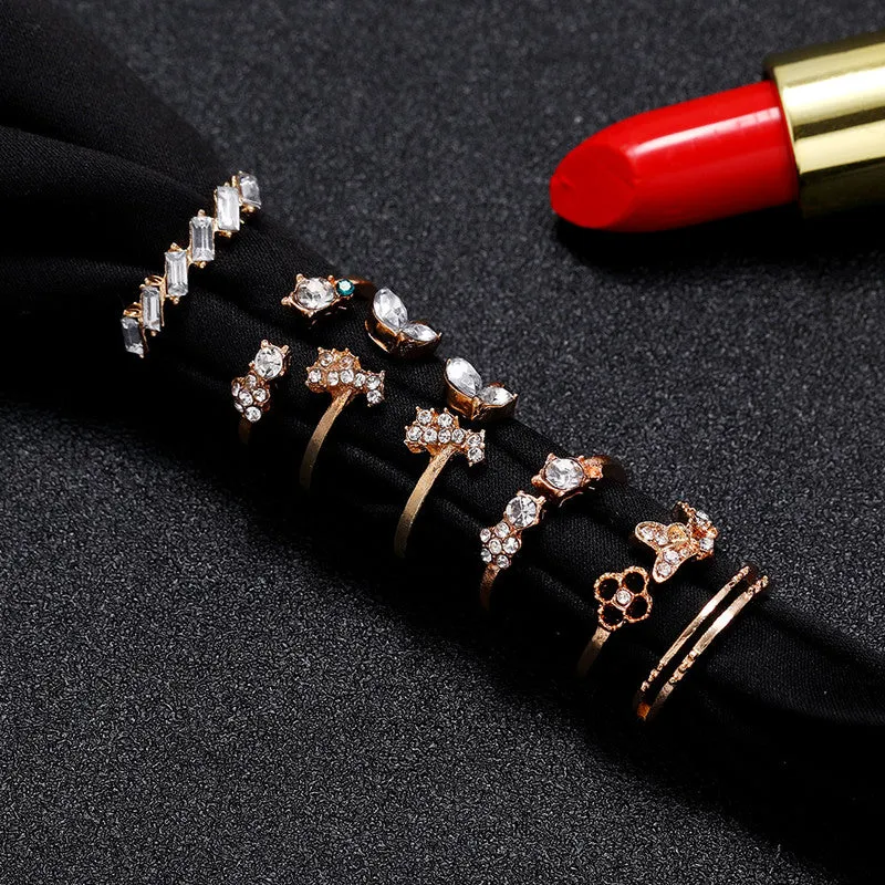 Gold Plated Seven Piece White Crystal Butterfly Ring Set