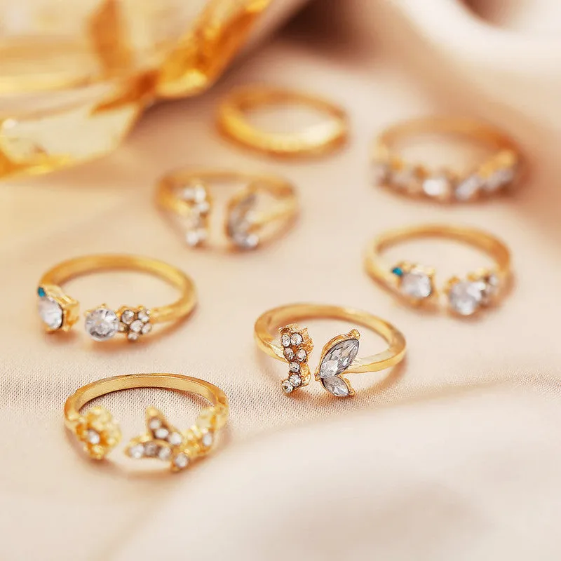 Gold Plated Seven Piece White Crystal Butterfly Ring Set