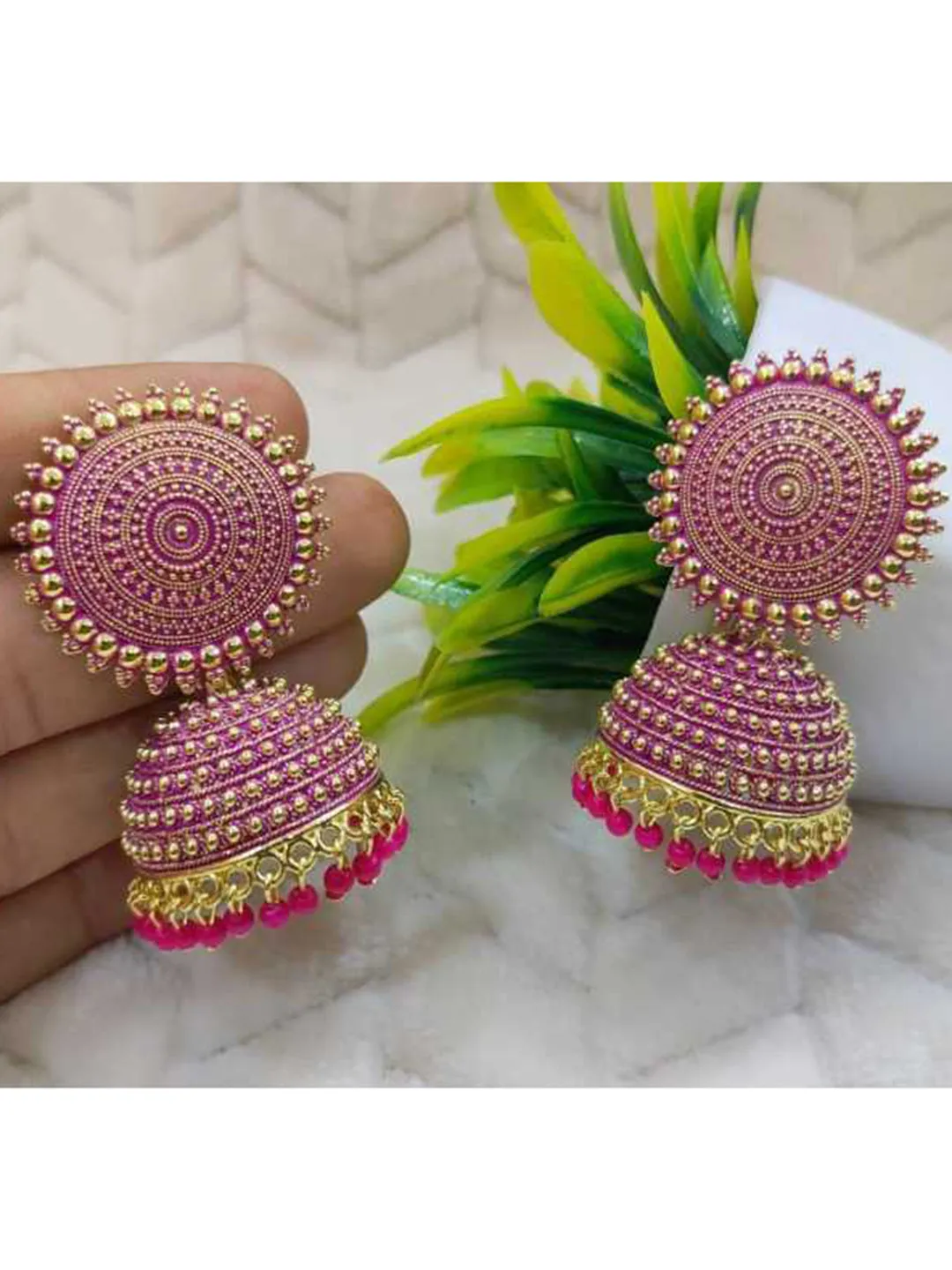 Golden and Pink Pearls Dome Shape Jhumka
